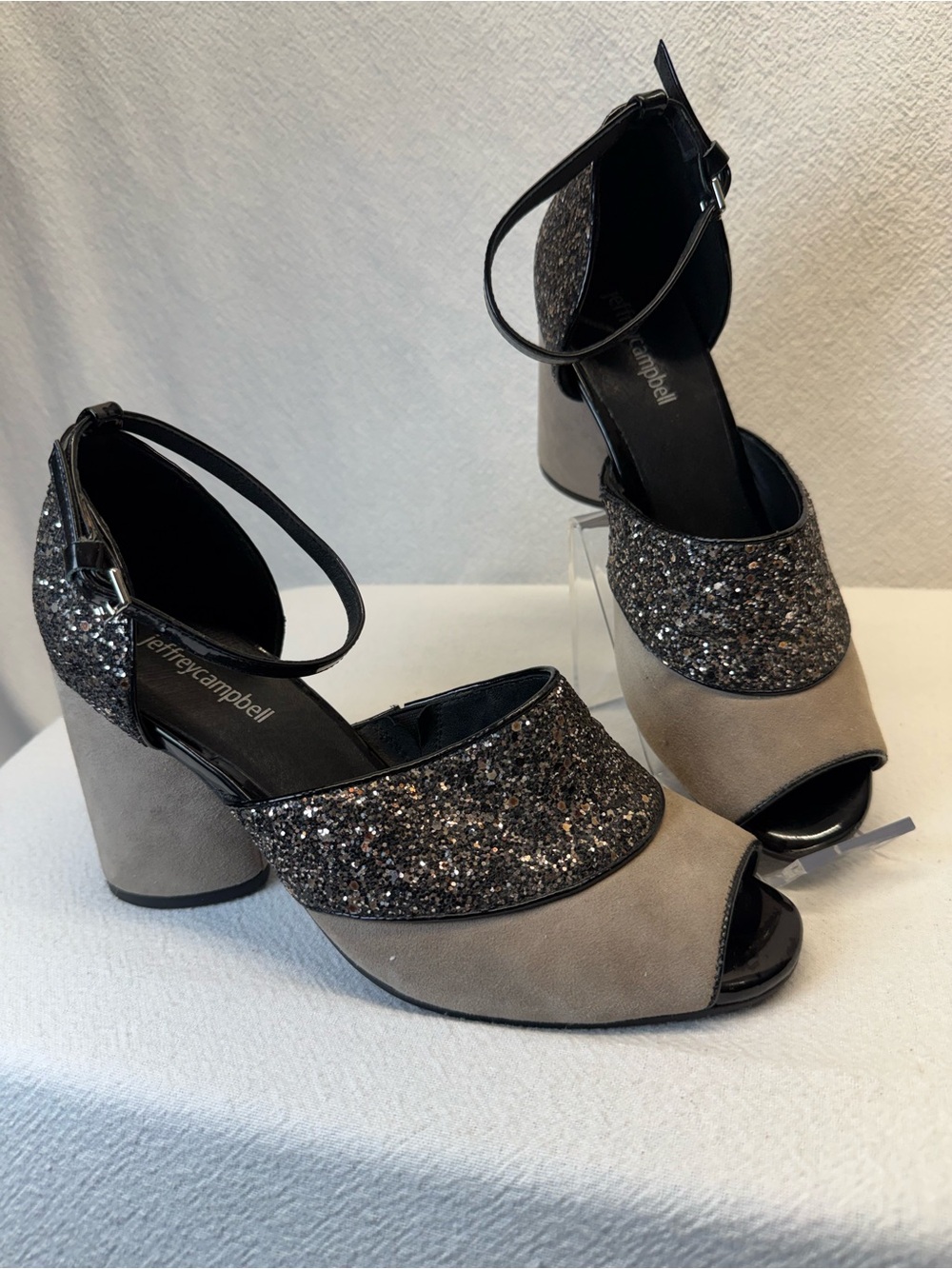 Sparkle in Jeffrey Campbell Taupe Suede & Black Glitter Block Heel Dancing Shoes